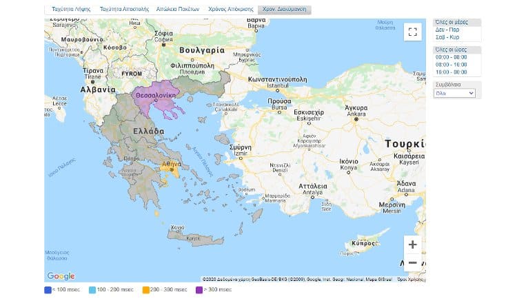 speedtest μέτρηση πραγματικής ταχύτητας σύνδεσης στο Internet,  χάρτης χρόνων απόκρισης στην Ελλάδα, όπως τις εμφανίζειο το Υπερίων.