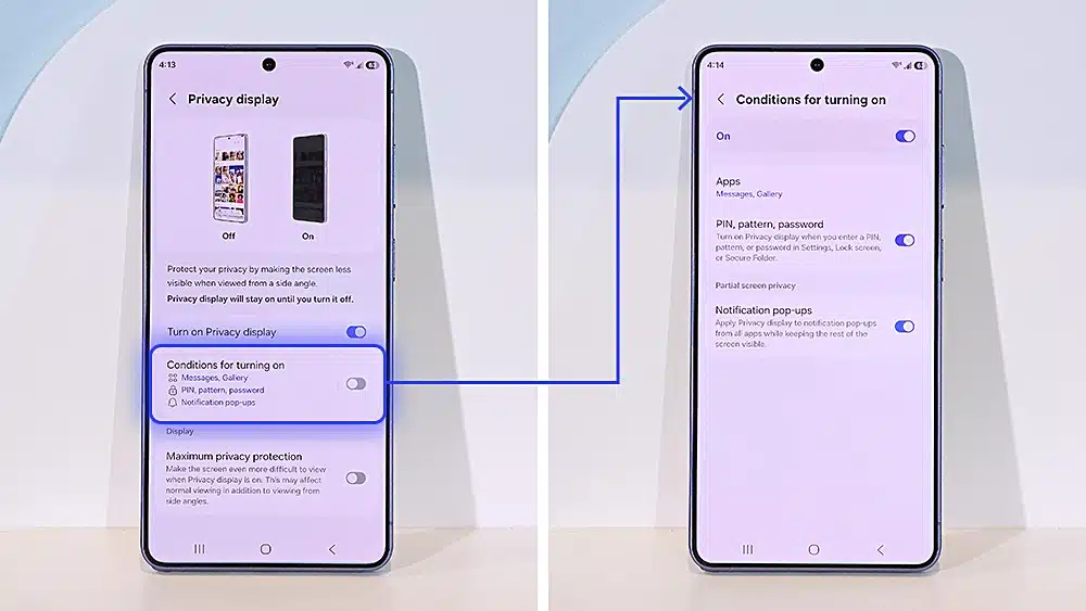 Υπάρχει επίσης η επιλογή Partial Screen Privacy. Σε αυτή την περίπτωση, η προστασία εφαρμόζεται μόνο στην επιφάνεια της οθόνης όπου εμφανίζονται ειδοποιήσεις. Βασίζεται αποκλειστικά στη θέση εμφάνισής τους μέσω του Android API, ενεργοποιώντας την προστασία μόνο στα συγκεκριμένα σημεία της οθόνης.