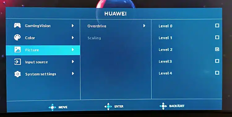 Huawei MateView GT 27", overdrive levels menu