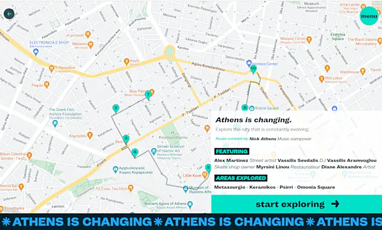 Η αρχική οθόνη του Athens. The city is the museum αν επιλέξετε να ακολουθήσετε την πρώτη προτεινόμενη διαδρομή από την εφαρμογή στην Αθήνα. (Screenshot: Electronicanto)