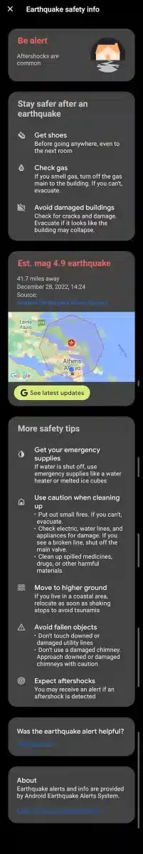 ολόκληρη η ειδοποίηση της Google που ελάβαμε στο κινητό μας για το σεισμό στην Εύβοια, 2022-12-28, screenshot
