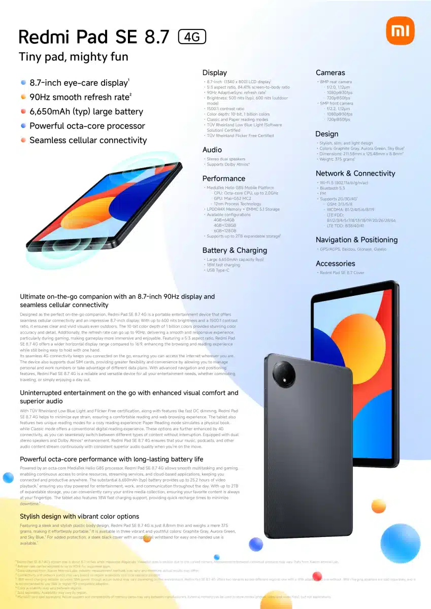 Xiaomi Redmi Pad SE 8.7 4G full info